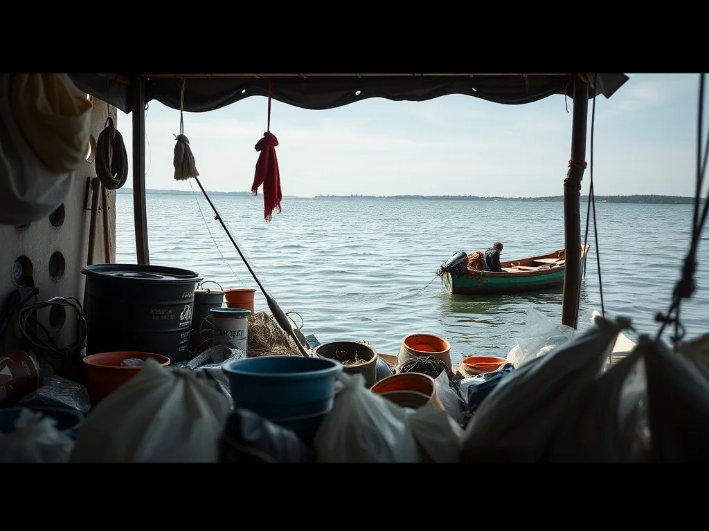 Ligne de pêche au coup avec flotteur rouge et blanc posée sur une caisse de matériel, amorce et asticots à côté, au bord