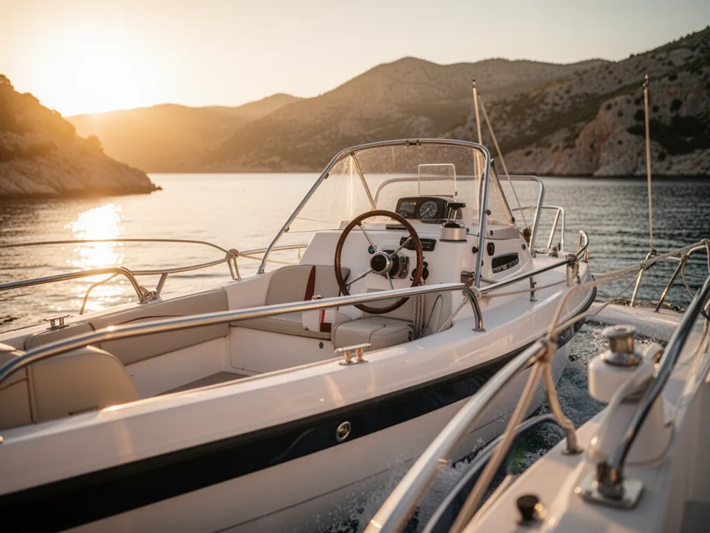 Bateau à moteur open filant à pleine vitesse sur une mer bleu turquoise avec gerbes d'écume blanche de chaque côté de la