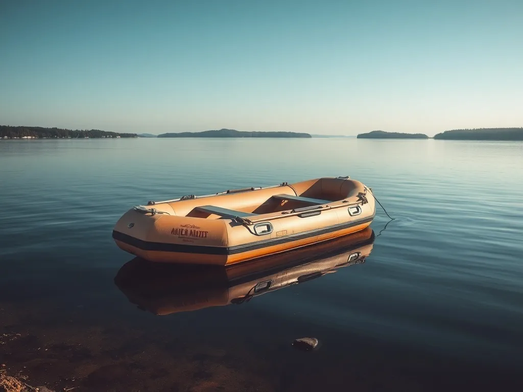 Bateau pneumatique chargé de matériel de pêche à la carpe, flottant sur un plan d'eau calme entouré d'arbres, avec cannes