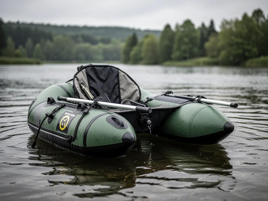 Pêcheur en float tube sur un lac calme équipé d'un gilet de sauvetage et de deux cannes, avec une berge boisée en